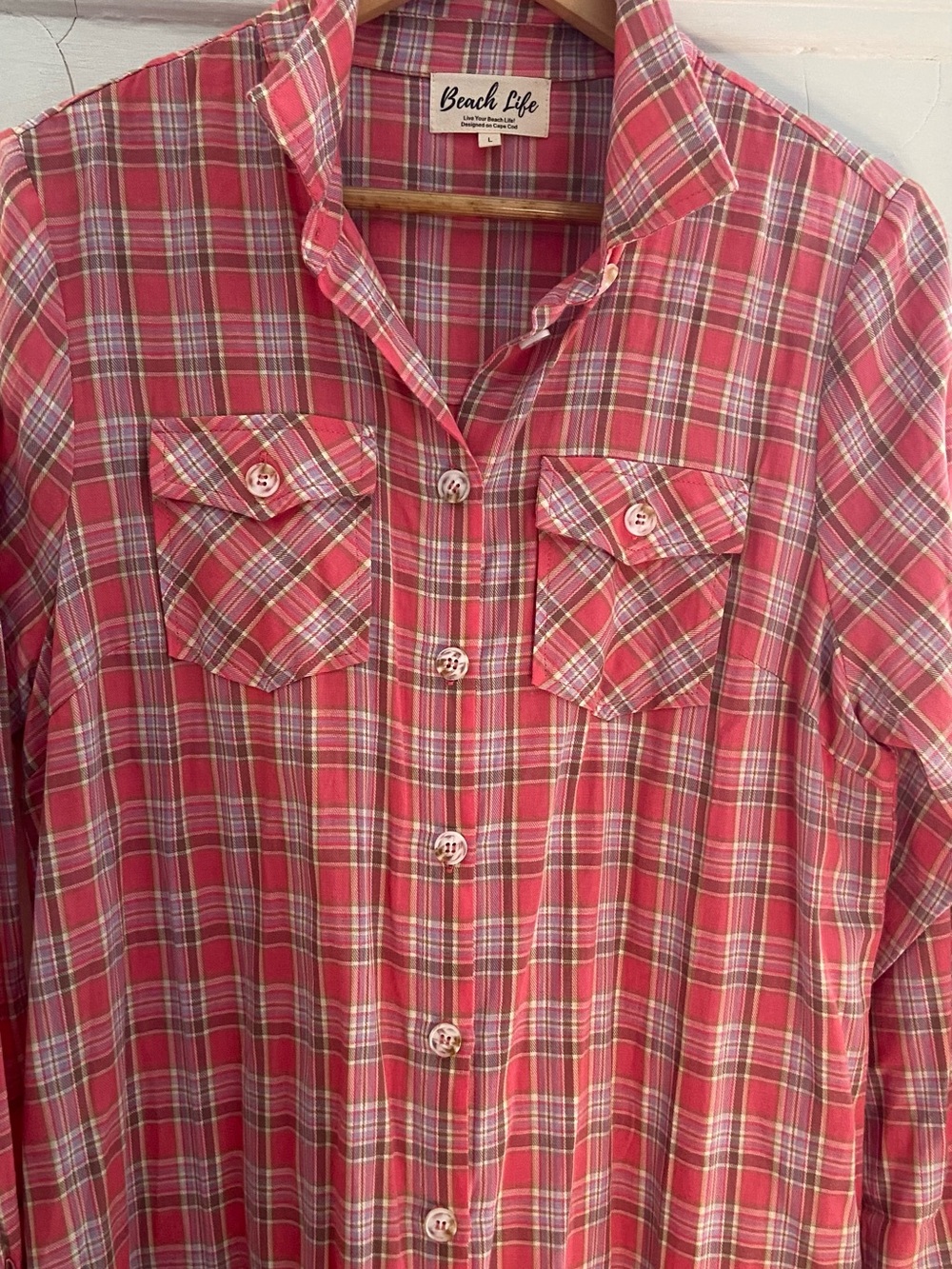 Women’s Pink Plaid Button-Front Shacket Midi Duster - Picture 4 of 7